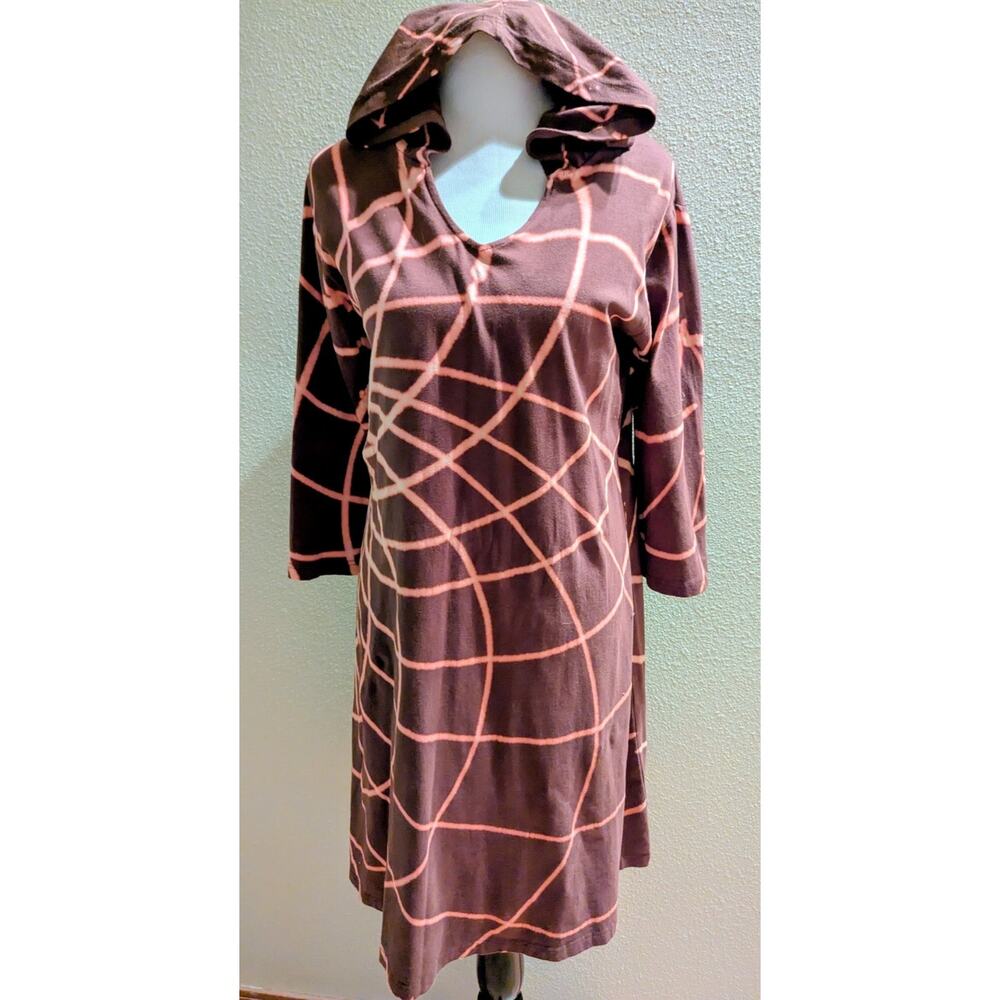 Hooded Casual Dress Brown Abstract Print Long Sleeve Hoodie Dress Relaxed Fit